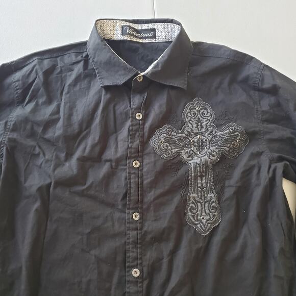 Victorious Shirt Mens Large Cross Embroidered Button Up Long Sleeve Western - Picture 4 of 8